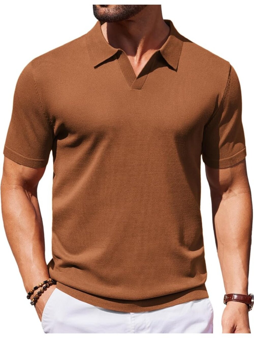 Men's Brown Imported 100% Polyester V Neck Short Sleeve Stretch Knit Polo Shirt